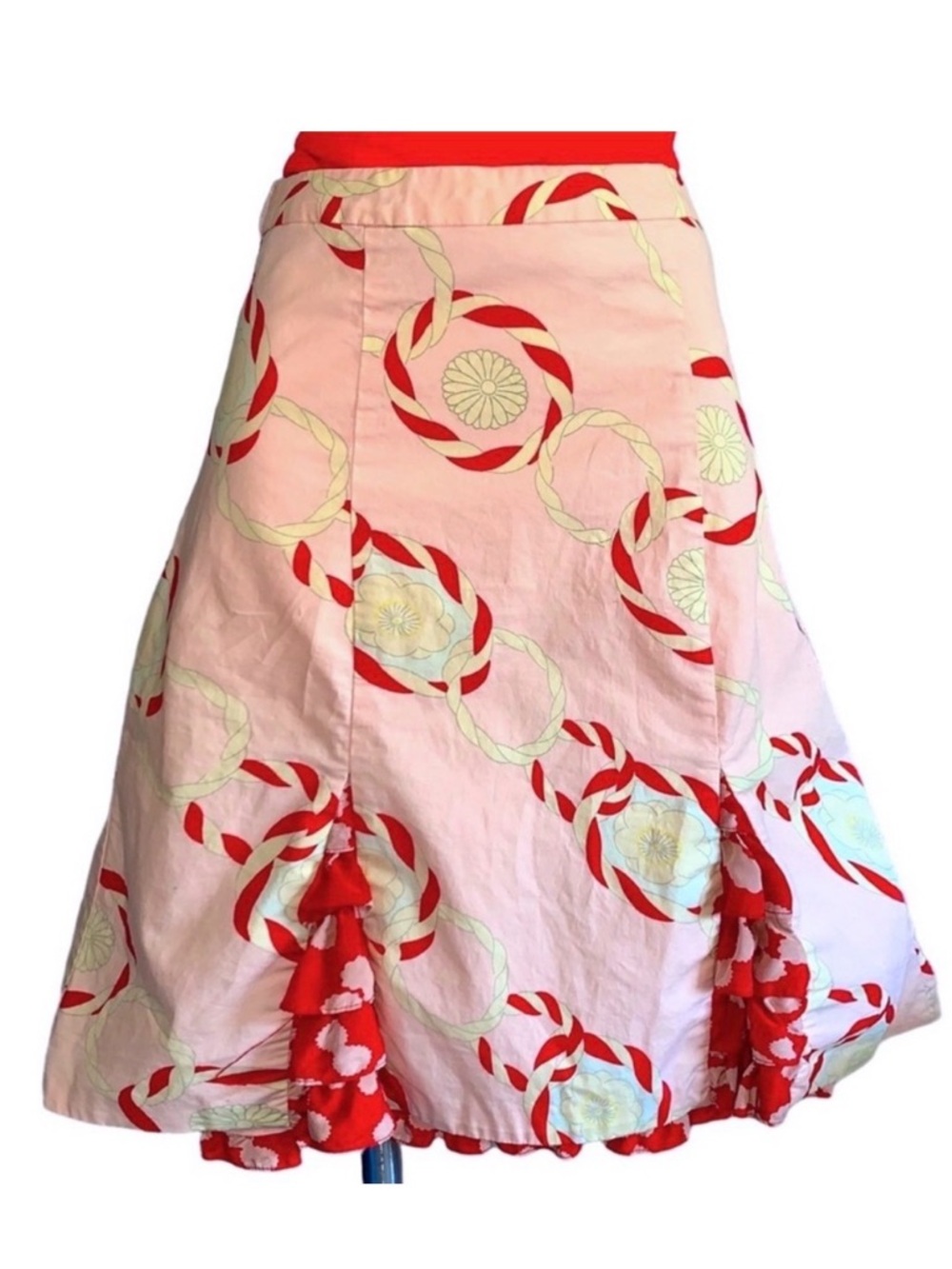 Odille (Anthropology) Pink A-Line Skirt with Red Trim and Decorative Rings